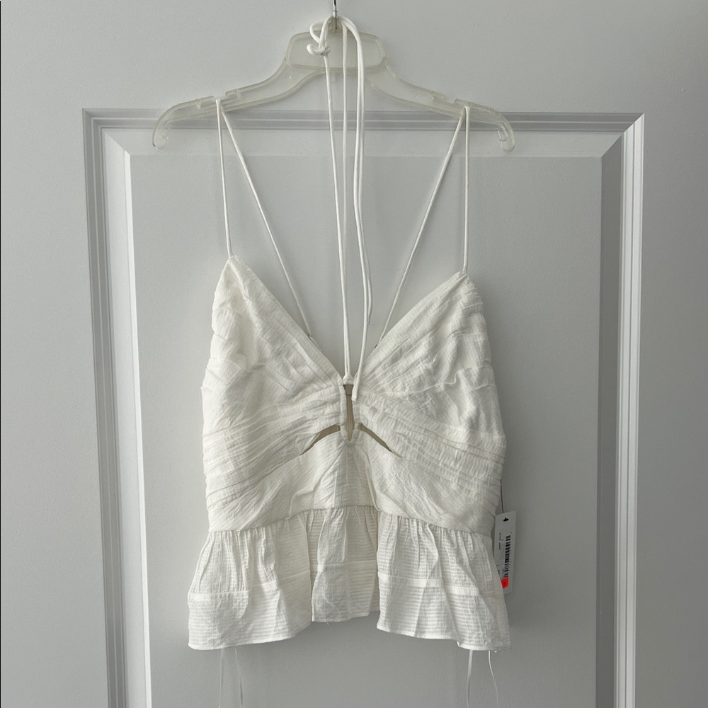 NWT ASTR White Textured Ruffle Halter Crop Top